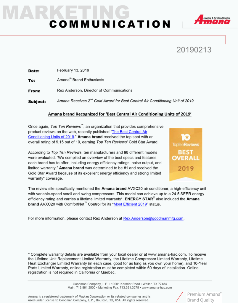 Amana brand Receives 2nd Gold Award for Best Central Air Conditioning